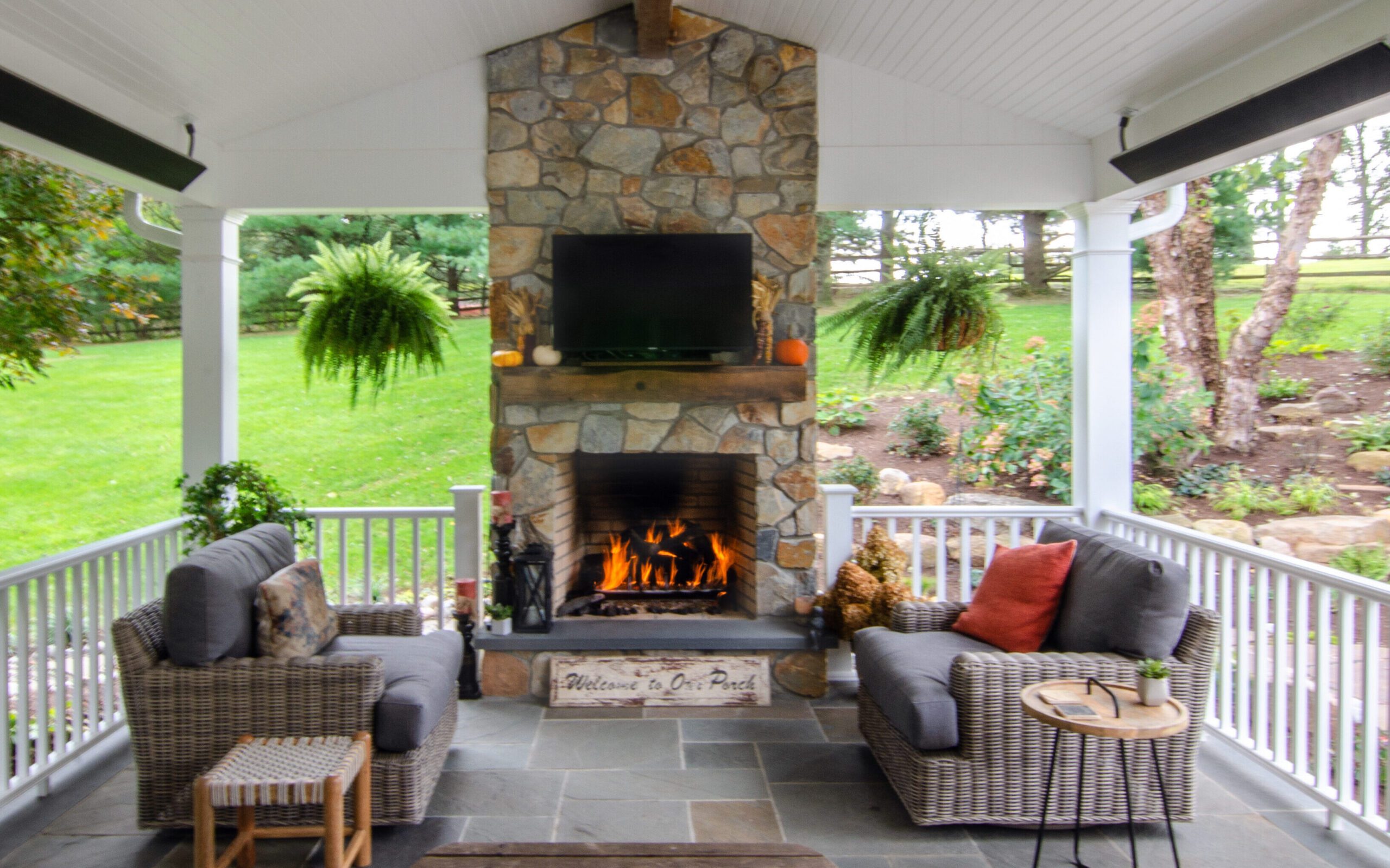 stone patio and fireplace